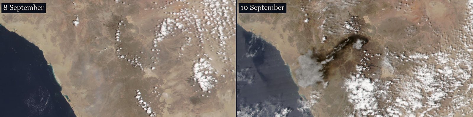 Same satellite, same ground, two days apart. NASA Worldview, VIIRS on NOAA-20, 8 and 10 September 2026; public domain.