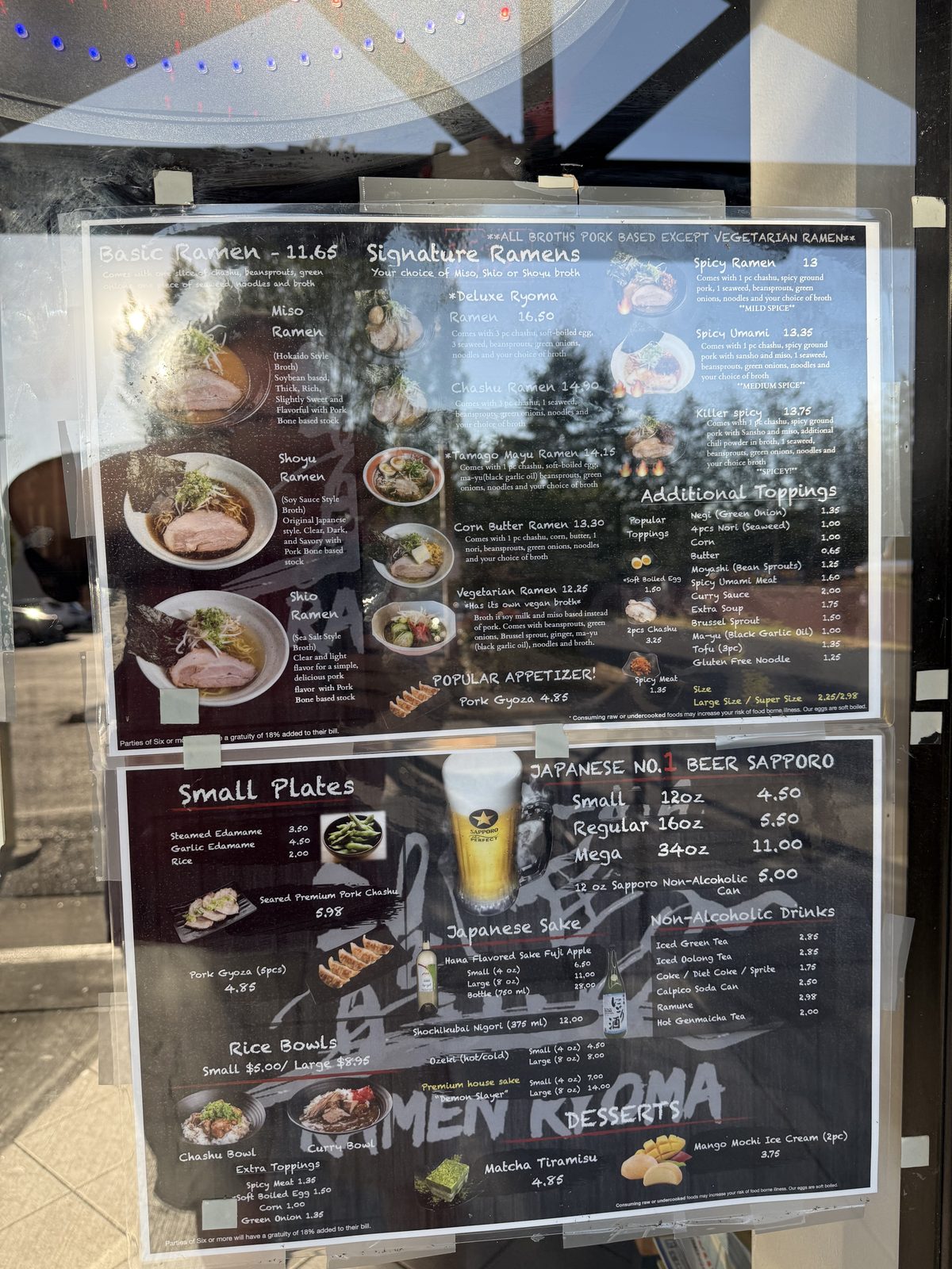 The whole board, in the window. Worth reading before you go in — the queue moves faster than you'd like.